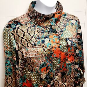 Ruby Road Womens Zip Jacket Size 2XP Orange Multi Boho Paisley Satin Petite EUC